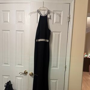 Elegant Black Halter Evening Dress with Silver Embellishment